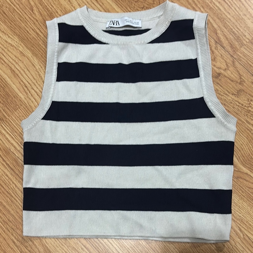 Zara Navy Blue and Cream Striped Tank Top